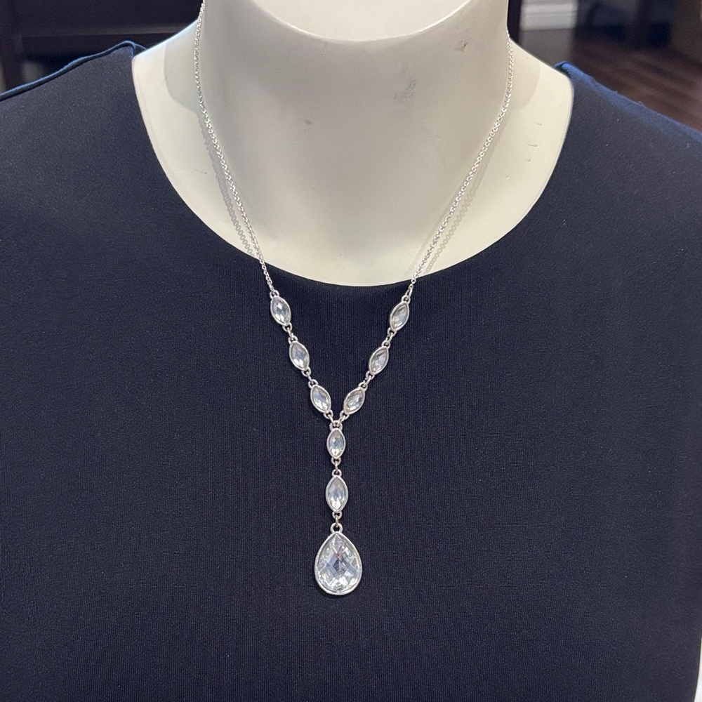 Sterling Silver Teardrop Cubic Zirconia Y-Style Necklace - Silver